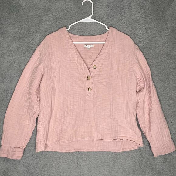 Madewell Lightspun Evert top long sleeve henley quilted cotton pink soft Medium - Picture 2 of 10